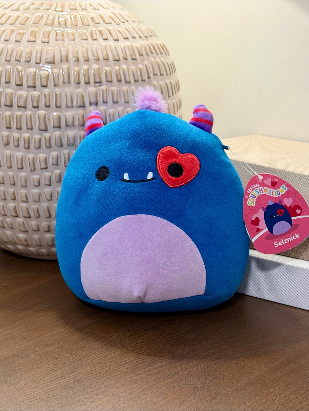 Squishmallows Selznick Blue Plush with Purple Belly and Red Heart Eye